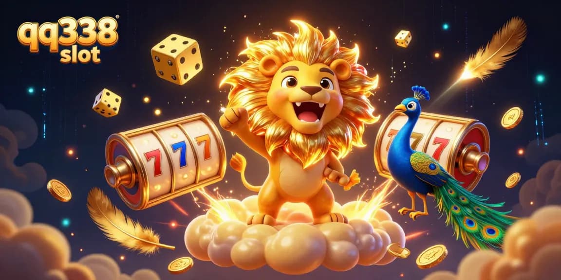Win big with qq338 slot in this vibrant 3D casino scene featuring animated characters and symbols.