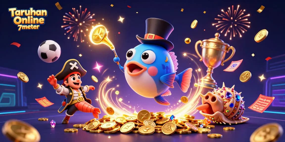 Engage in Taruhan Bola Online 7meter with exciting characters in a vibrant 3D casino scene.