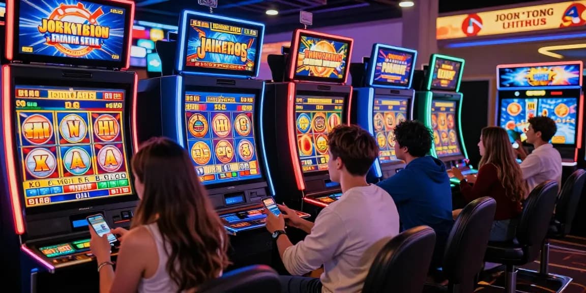 Exciting online casino scene with diverse players enjoying colorful slot machines, highlighting engaging gameplay and vibrant atmosphere.