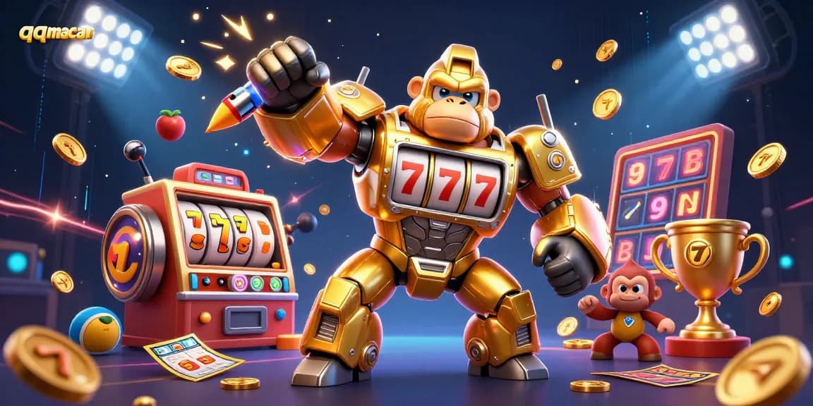 Experience thrilling slots action with qqmacan's explosive golden gorilla mech in a vibrant casino scene.