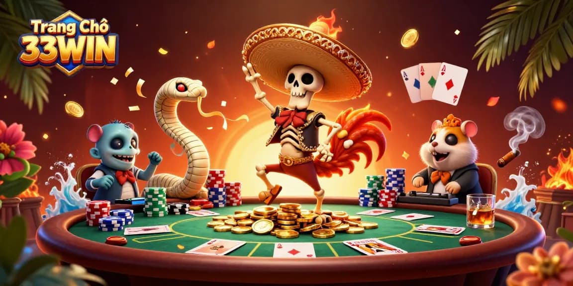 Experience the excitement of Trang Chủ 33WIN with a vibrant 3D scene depicting engaging gambling activities