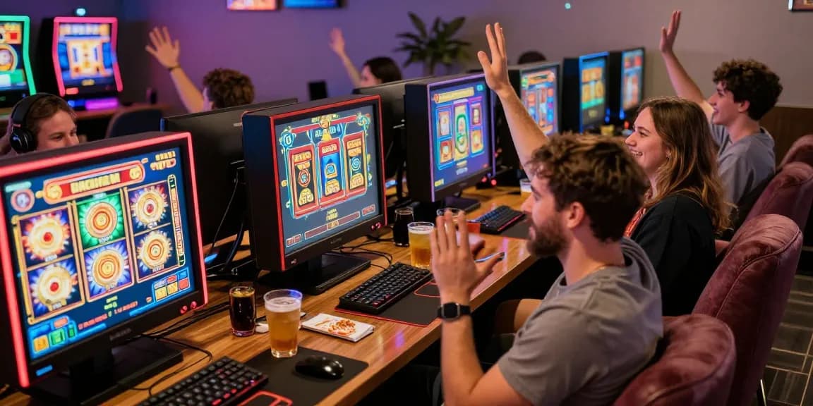 Slot gacor dengan pemain penuh semangat di lounge permainan online.