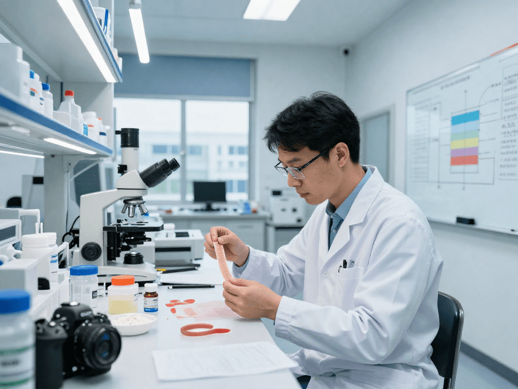 Scientist exploring TB 500 benefits through innovative buccal strip technology in a laboratory.