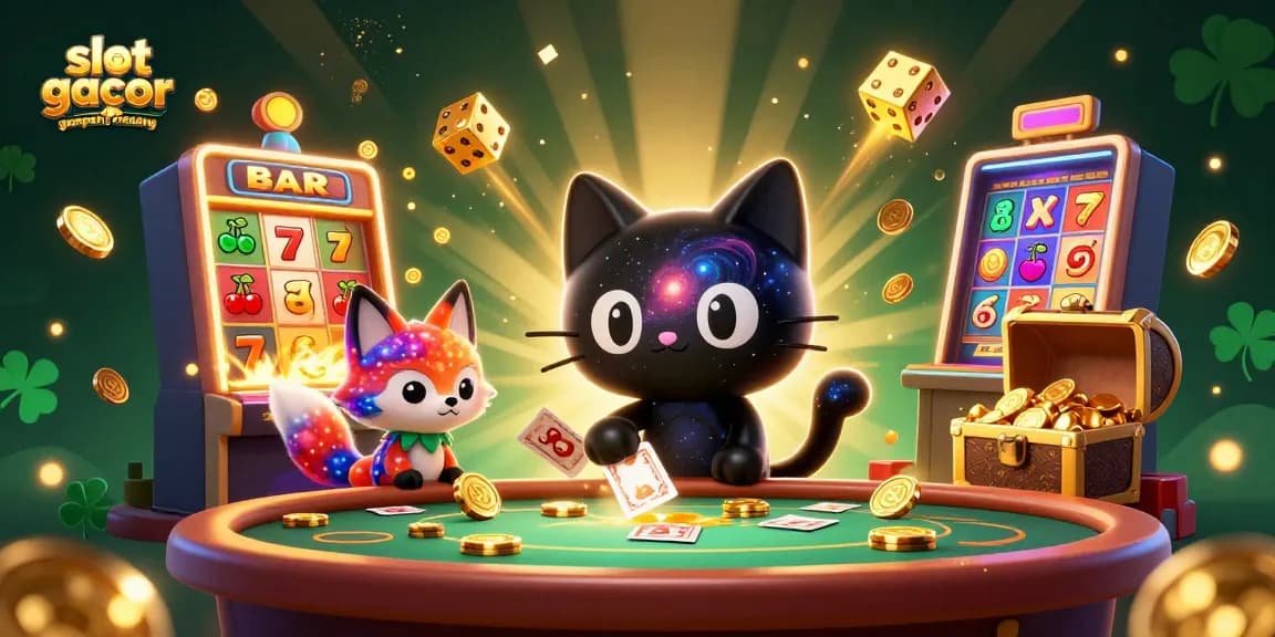 Play exciting slots with slot gacor gampang menang at this vibrant casino scene featuring cosmic creatures.