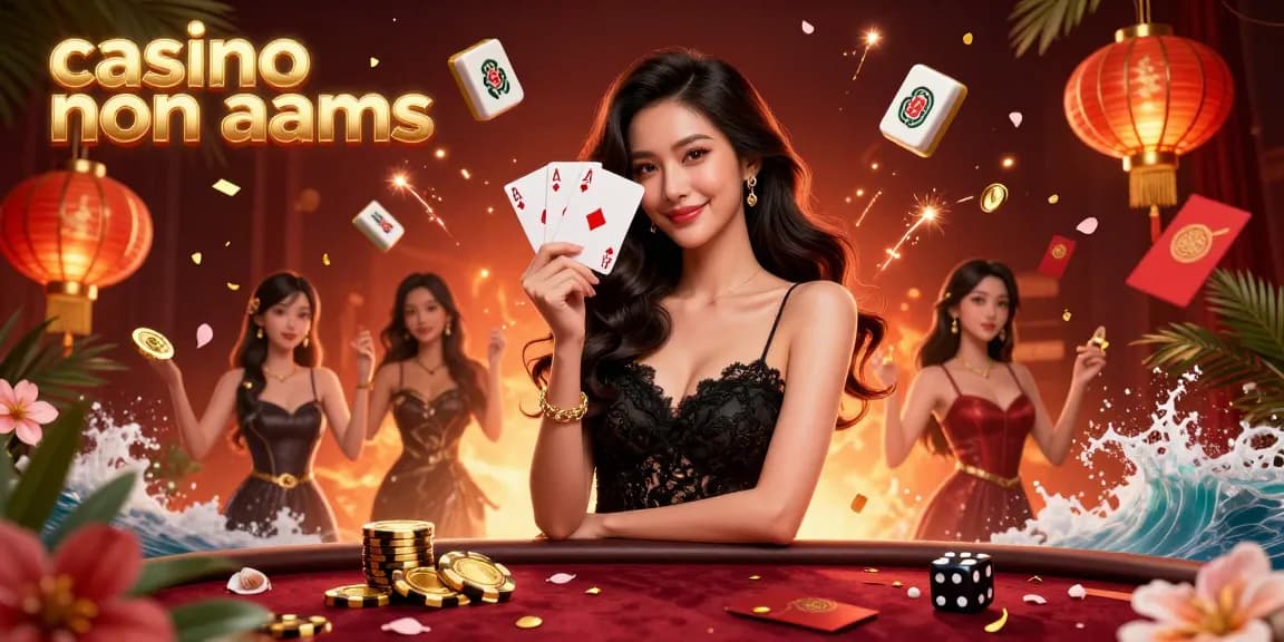 Vivi l'emozione del casino non AAMS con una donna elegante che tiene in mano le carte da gioco in mezzo a elementi vibranti del casinò.