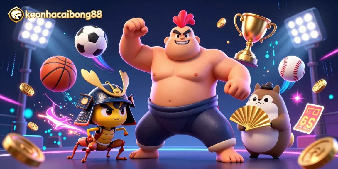 Experience keonhacaibong88 with a vibrant 3D illustration showcasing action-packed sports betting themes.