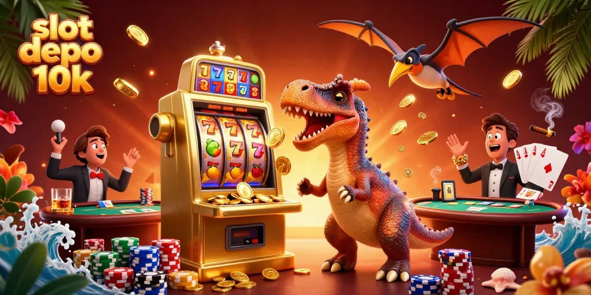 Memicu slot depo 10k, dinosaurus memukul mesin slot emas sambil mendapatkan koin jackpot yang terbang