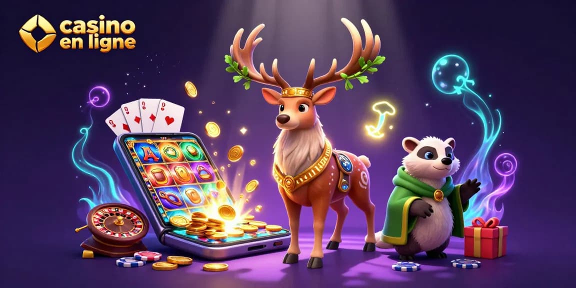 Jouez au casino en ligne avec un druide et un blaireau entourés de jeux de hasard.