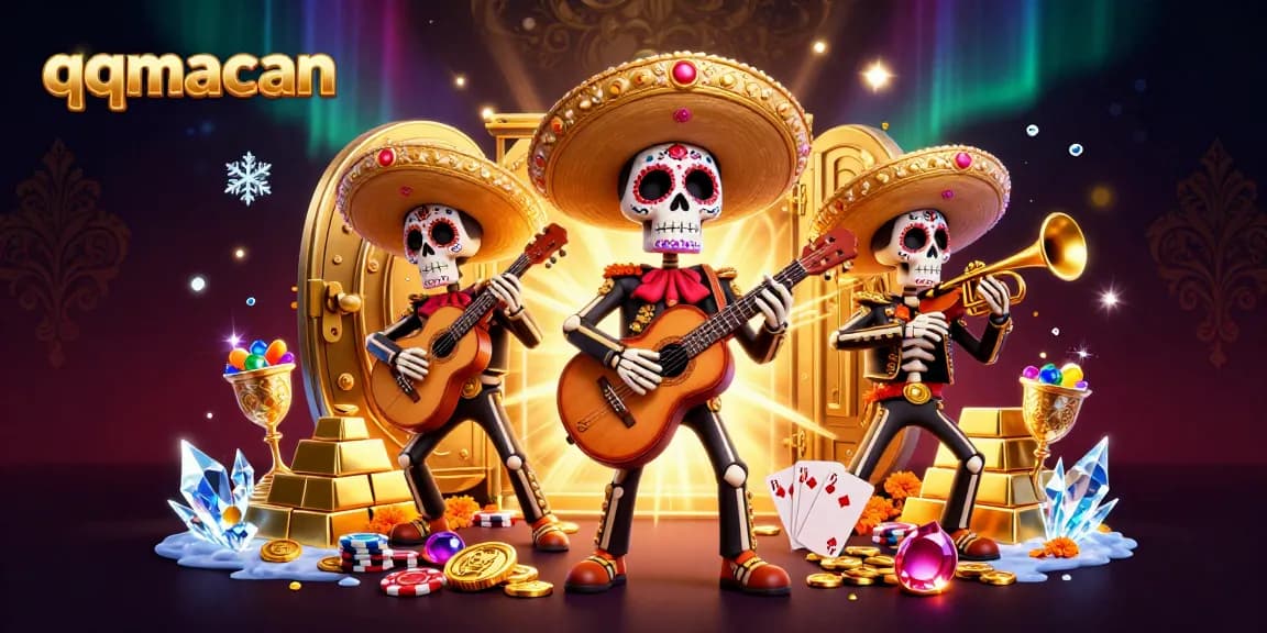 Experience exciting gameplay at qqmacan, featuring vibrant skeleton mariachis amidst treasure and poker action.