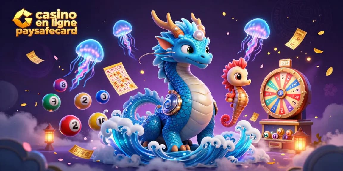 Plongez dans l'univers du casino en ligne paysafecard avec un dragon océanique et des éléments de jeu vibrants.