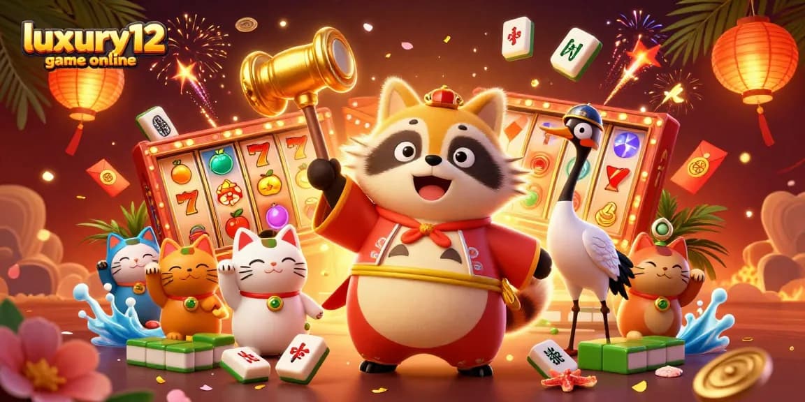Engage with the luxury12 game online in this vibrant casino scene filled with colorful characters and sparkling slot elements.
