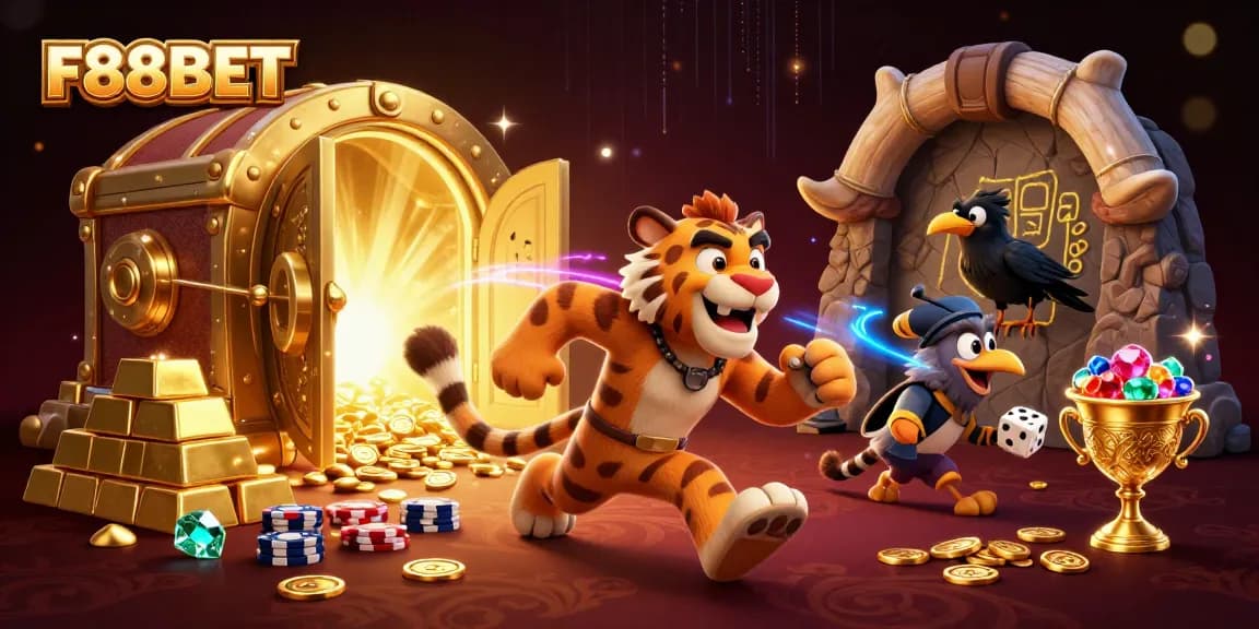 F88BET invites players to enjoy thrilling casino fun with lively caveman characters and sparkling treasures.