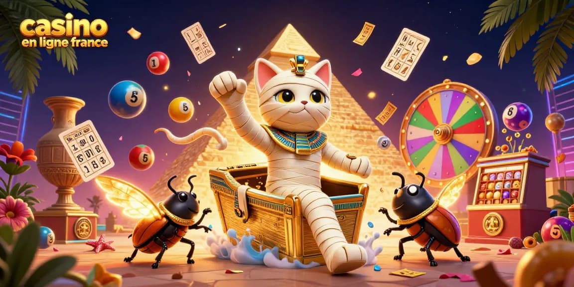 Visualisez votre expérience sur casino en ligne France avec un chat momifié et des éléments de jeu