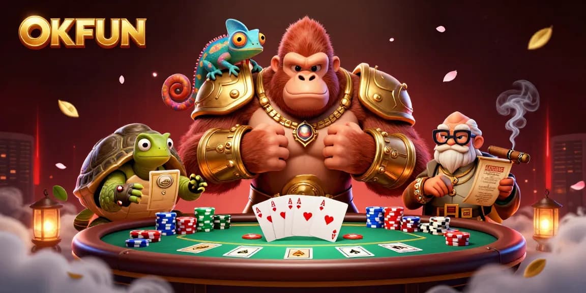 Engage in the exciting world of OKFUN with a vibrant casino scene featuring a powerful gorilla and companions.