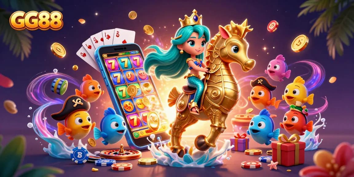 Engage in thrilling GG88 gameplay with a mermaid princess, golden seahorse, and vibrant slot elements.