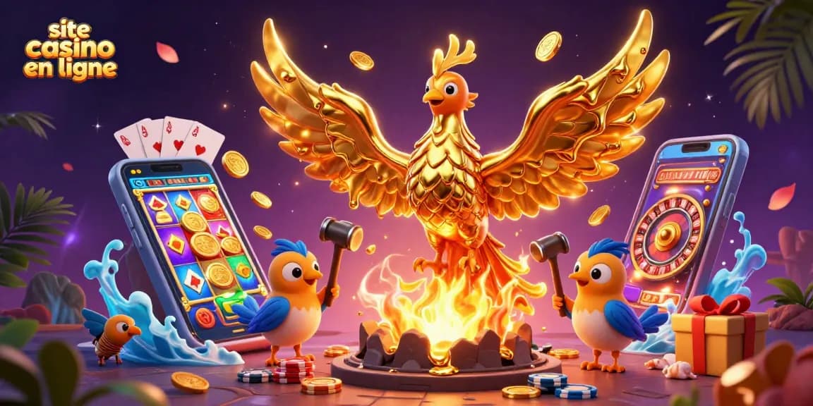 Découvrez le site casino en ligne avec une illustration dynamique de la machine à sous et un phénix en or.