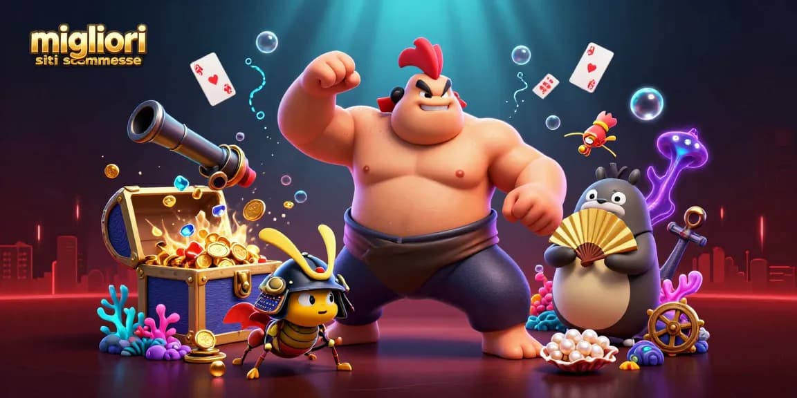 Migliori siti scommesse: Scopri un'illustrazione vibrante con un potente lottatore sumo, un crickets in samurai e un'annunciatore tanuki.