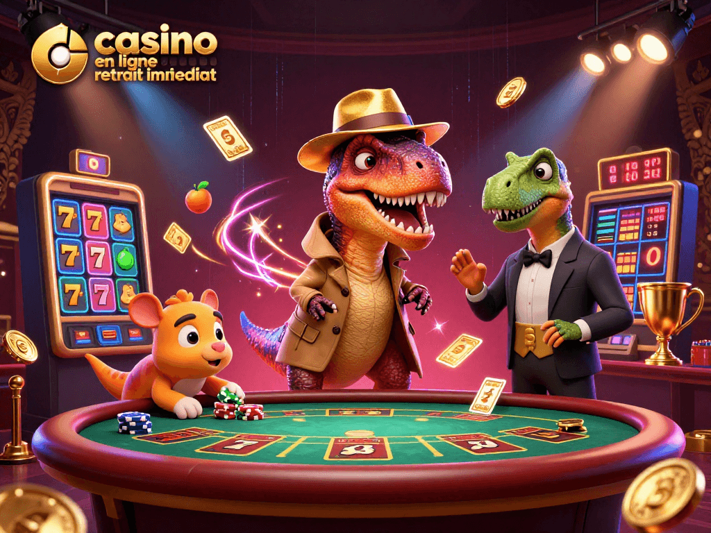 Jouez sur un casino en ligne retrait immédiat et découvrez une scène palpitante avec un velociraptor tentant d'escroquer.