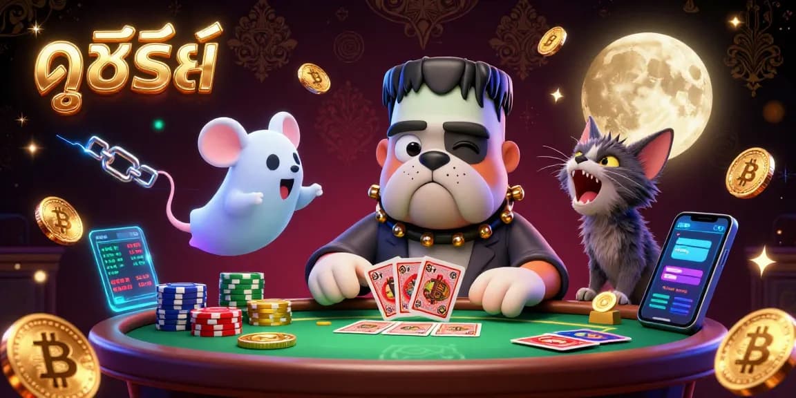 Engaging ดูซีรี่ย์ scene with vibrant 3D characters at a casino table, showcasing dynamic energy and fun.