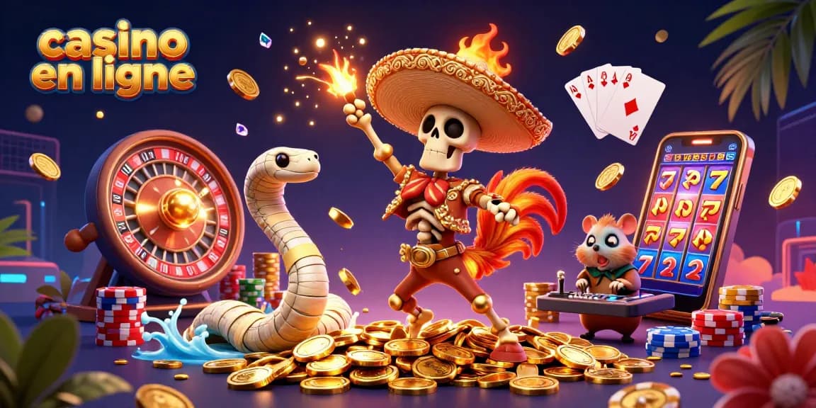 Le casino en ligne dynamique avec des personnages de jeux et des pièces d'or s'envolant.