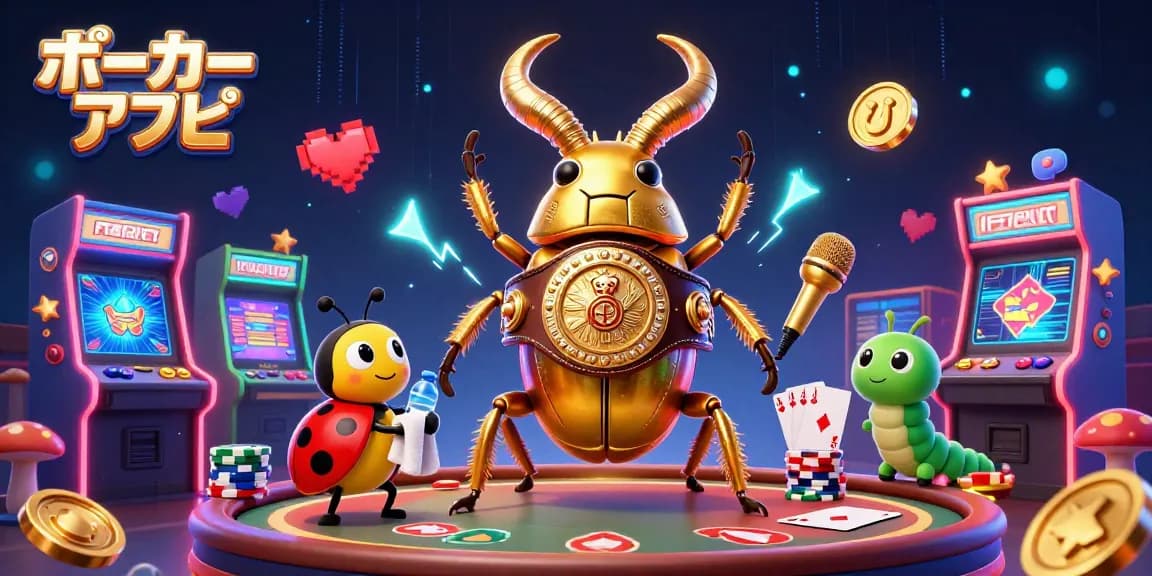 ポーカーアプリを利用して、バトルするカラフルなキャラクターたちのイラスト