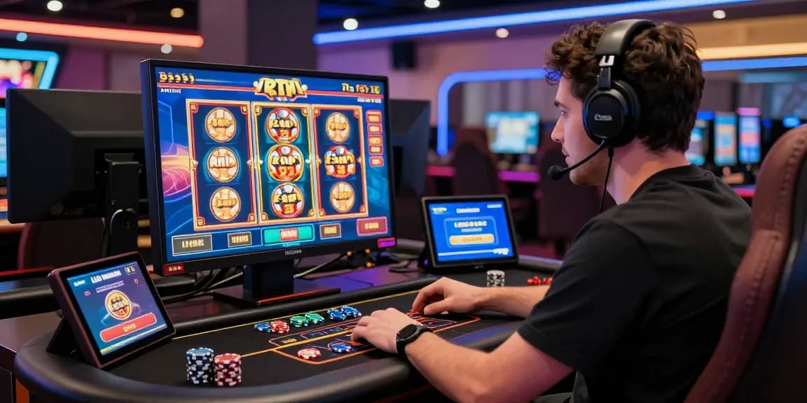 Engaged player using Link Login Dominobet in a vibrant online casino setup with colorful graphics and gaming accessories.