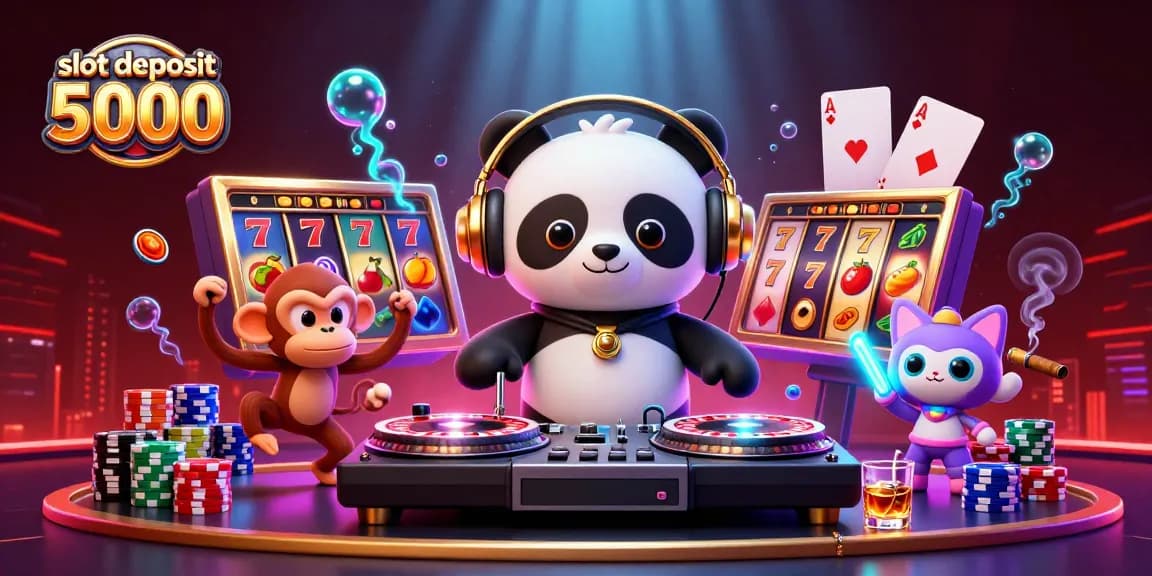 Slot deposit 5000 menampilkan panda DJ dan karakter lain dalam suasana kasino yang meriah.