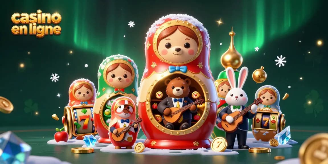 Découvrez l'excitation du casino en ligne avec des ours animés et des éléments de jeux de machines à sous dans un cadre fantastique.