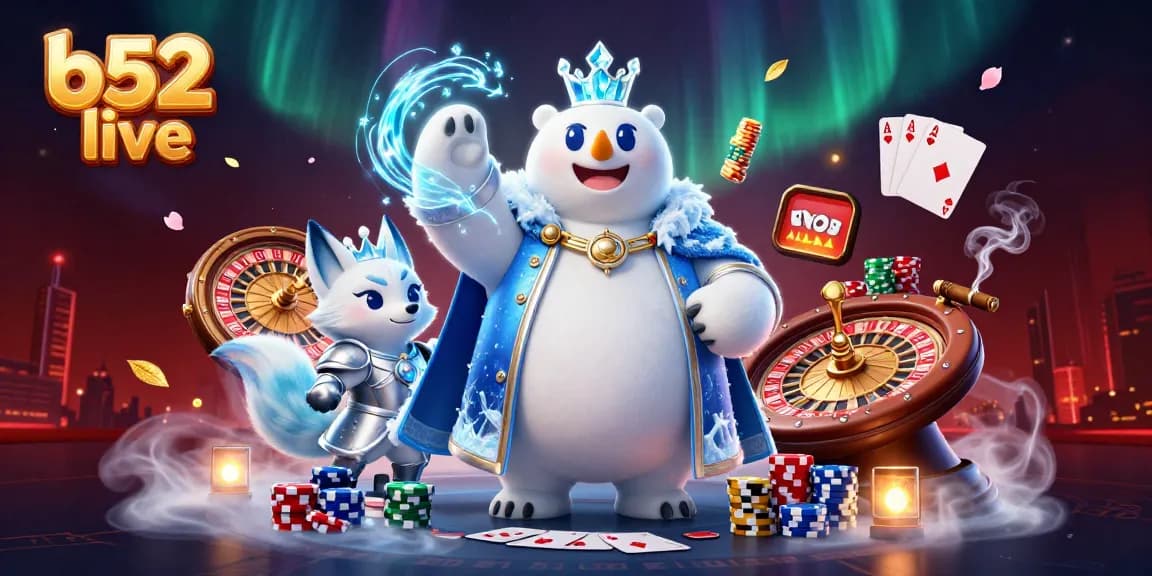 Play exciting casino games with b52 live elements like poker chips and a roulette wheel.
