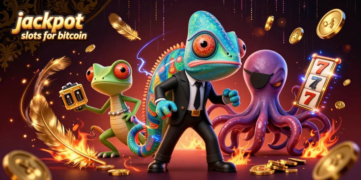 Experience jackpot slots for bitcoin in an energetic, colorful 3D casino scene.
