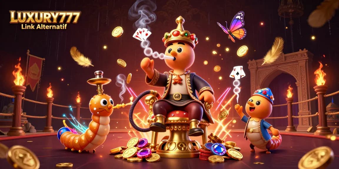 Mainkan LUXURY777 Link Alternatif di kasino online dengan simbol poker dan koin emas bertebaran.