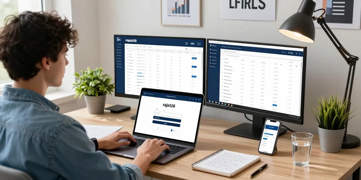 User accessing raja328 login on laptop in a stylish home office setting, with financial analytics displayed on screens.