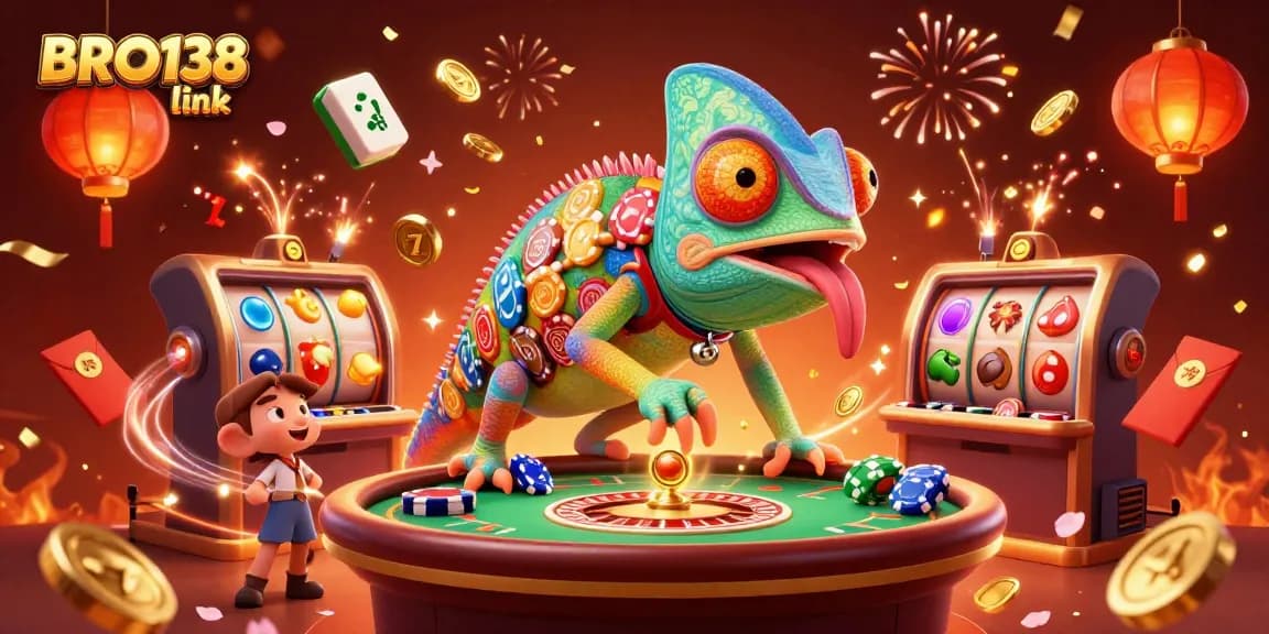 Experience exciting gaming at BRO138 link, where a colorful chameleon casino owner oversees dynamic slot games amidst festive decorations.