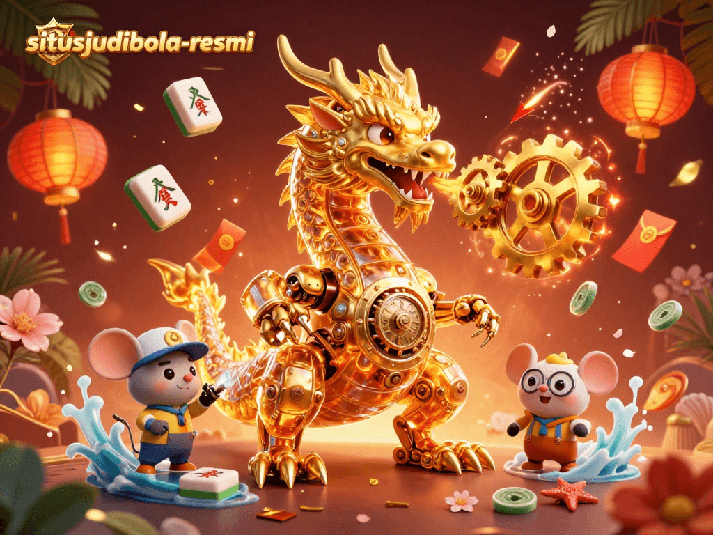 Experience the excitement of situsjudibola-resmi with a vibrant 3D casino illustration featuring a golden dragon.