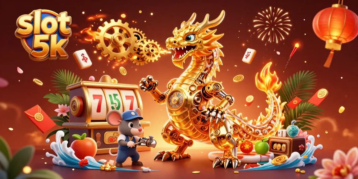 Experience the thrill of slot 5k with golden dragon and vibrant casino elements in a captivating 3D illustration.