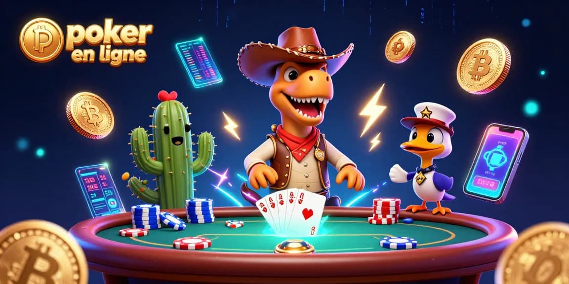 Jouez au poker en ligne avec des personnages 3D animés entourés de jetons et d'éléments digitaux