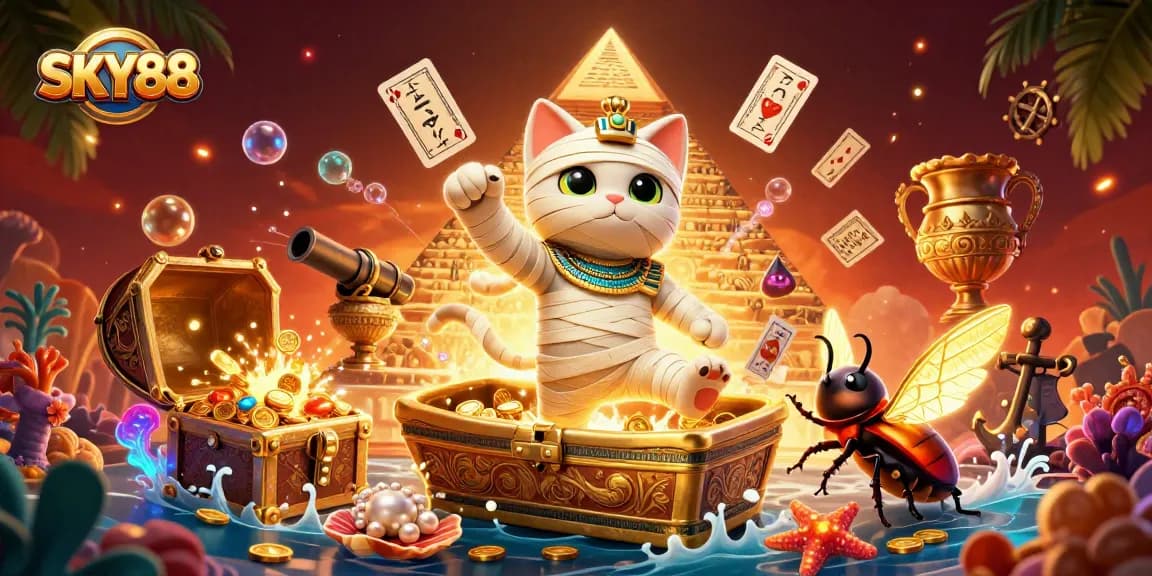 Engage with SKY88's thrilling casino adventures featuring a mummy cat and scarab in action.