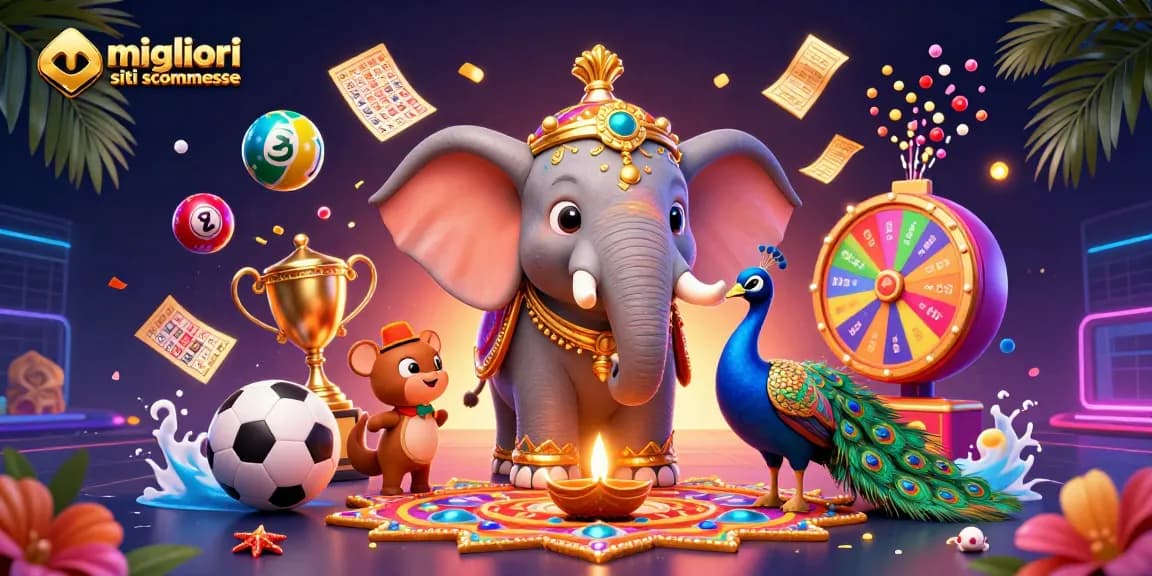 Scopri i migliori siti scommesse con questo design vivace di un elefante del Diwali e simboli di sport.