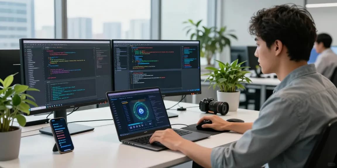 快连 network optimization setup with a software engineer enhancing performance in a modern office.