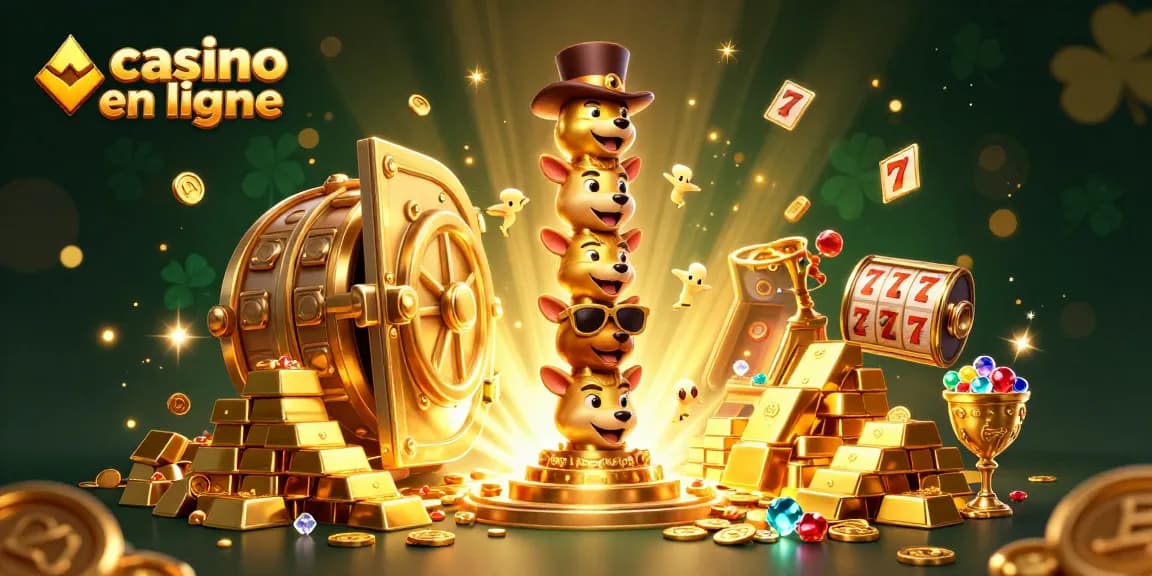 Célébrez vos gains au casino en ligne avec une scène illustrant un totem et des trésors étincelants.