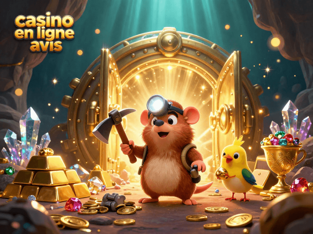 Exploitez le potentiel d'un casino en ligne avis avec ce visuel dynamique de chasseurs de trésor dans une caverne remplie de joyaux.