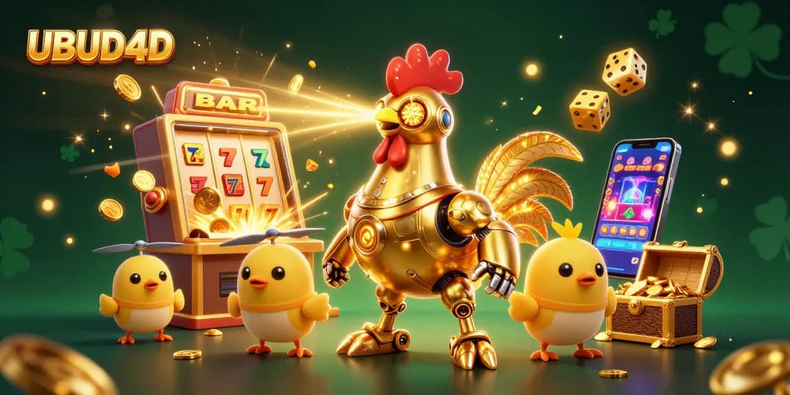 Experience exciting gameplay with UBUD4D, featuring a golden rooster robot amidst slot machines and casino elements.