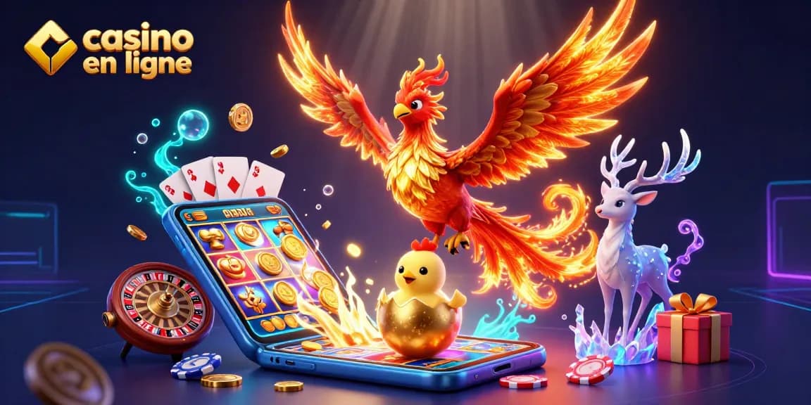 Ressentez l'excitation de casino en ligne avec un phénix vibrant et des éléments de jeu dans une scène dynamique en 3D.