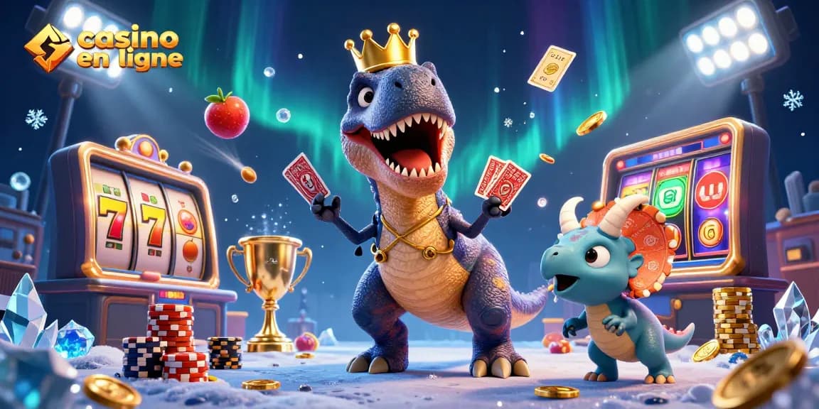 Jouer au casino en ligne avec un T-Rex et un assistant pterodactyle dans une scène animée pleine d'énergie.