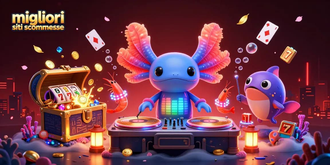Illustrazione vivace che mostra i migliori siti scommesse in un contesto di festa sottomarina con un DJ e elementi ludici.