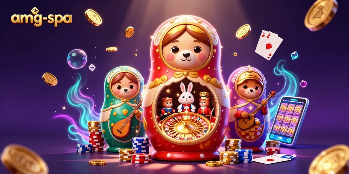 Engage with thrilling casino action featuring amg-spa's vibrant illustration of Matryoshka bears and a balalaika rabbit.