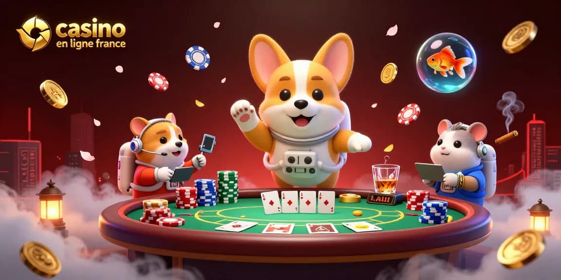 Découvrez le casino en ligne France avec un corgi astronaute et des jetons flottants dans une illustration 3D captivante.