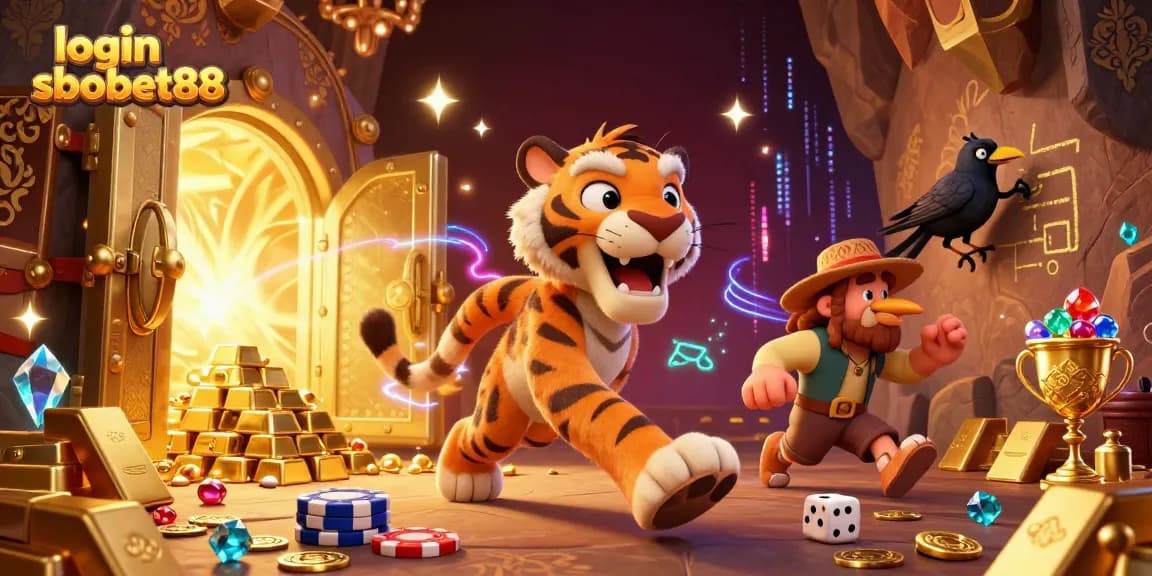 Engage with login sbobet88 at a vibrant casino scene featuring a sabertooth tiger and a clever crow in action.
