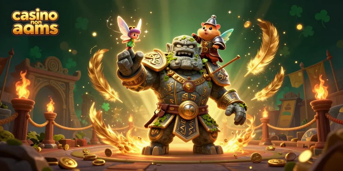 Scopri la magia dei casinò non aams con un guardiano golem e un compagno fata in una scena di gioco vibrante.