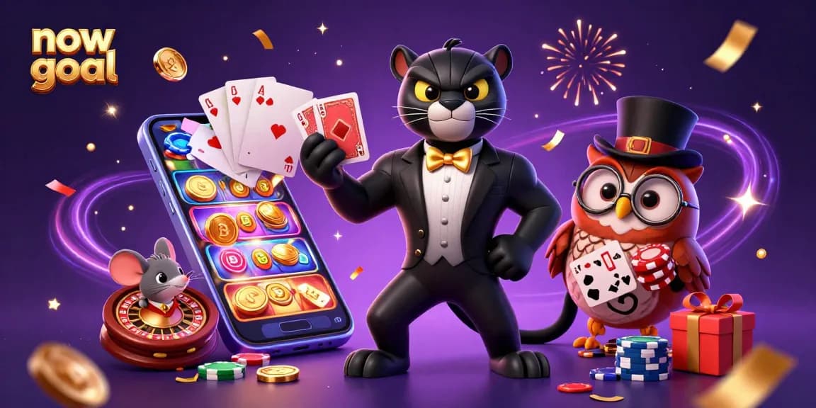 Experience excitement with now goal as a cartoon panther deals cards among colorful casino elements.